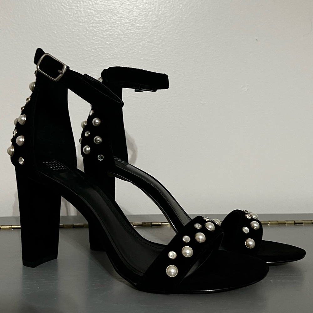 Pearl-Embellished Open-Toe Heels